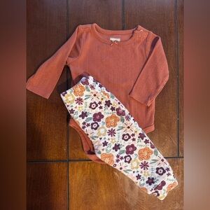 Rust Knit Baby Bodysuit with Floral Leggings